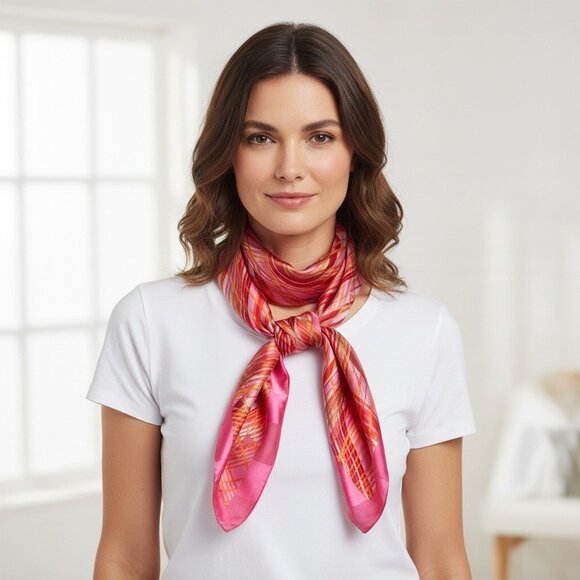 Vintage Korean-Made Pink Geometric Scarf 59” x 13” – Retro Striped Pattern - Picture 3 of 3